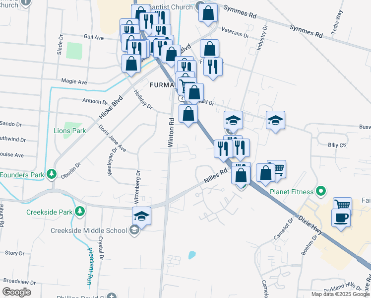 map of restaurants, bars, coffee shops, grocery stores, and more near 5848 Olde Winton Lane in Fairfield