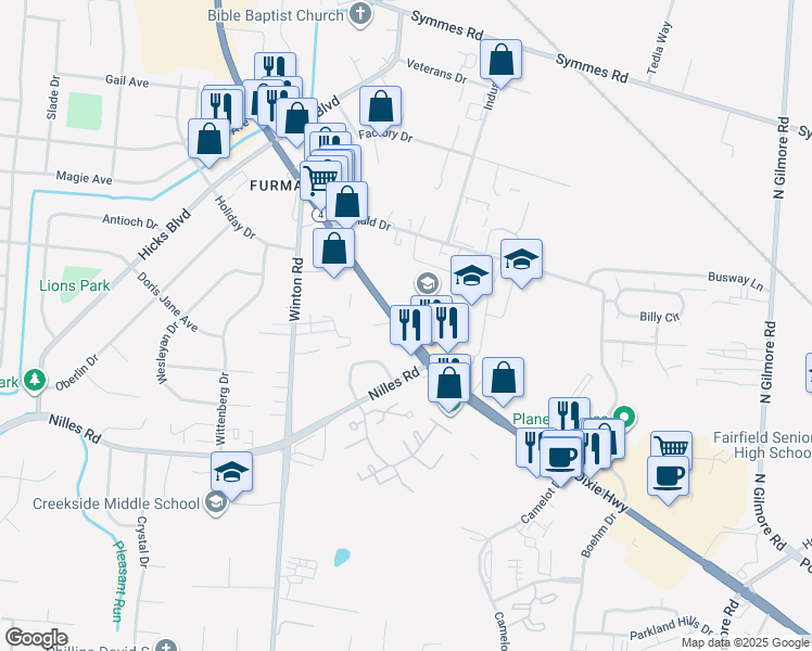 map of restaurants, bars, coffee shops, grocery stores, and more near 5058 Dixie Hwy in Fairfield