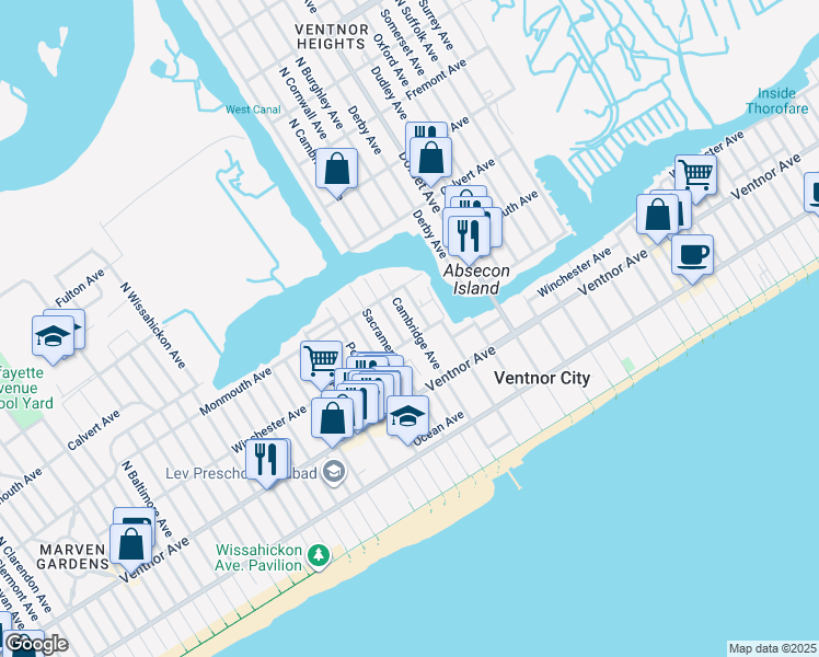 map of restaurants, bars, coffee shops, grocery stores, and more near 6115 Winchester Avenue in Ventnor City