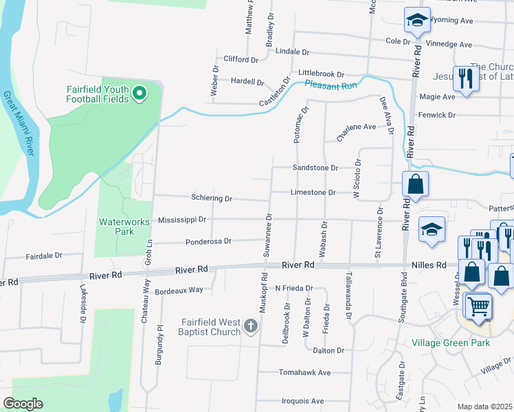 map of restaurants, bars, coffee shops, grocery stores, and more near 5462 Mississippi Drive in Fairfield