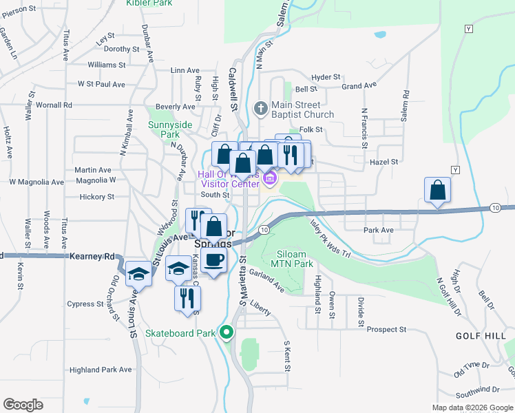 map of restaurants, bars, coffee shops, grocery stores, and more near 414 South Marietta Street in Excelsior Springs
