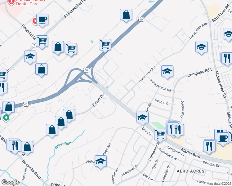 map of restaurants, bars, coffee shops, grocery stores, and more near 20 Armor Court in Middle River