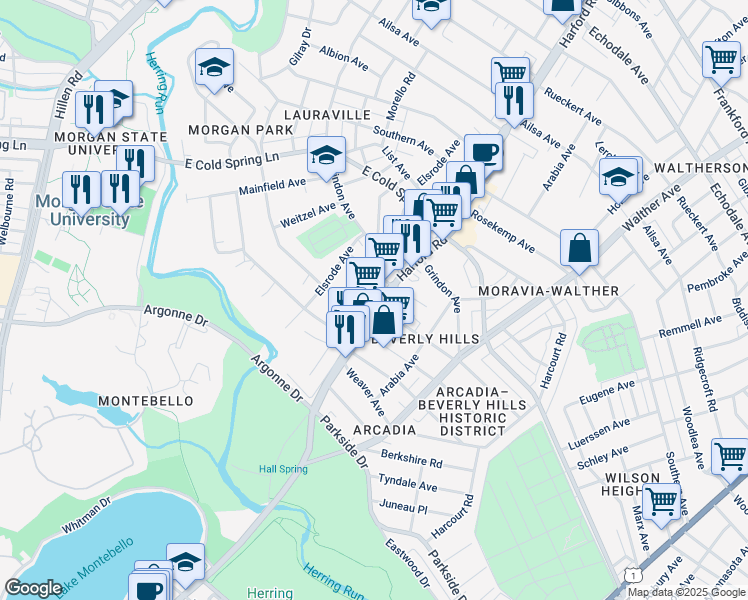map of restaurants, bars, coffee shops, grocery stores, and more near 4506 Harford Road in Baltimore