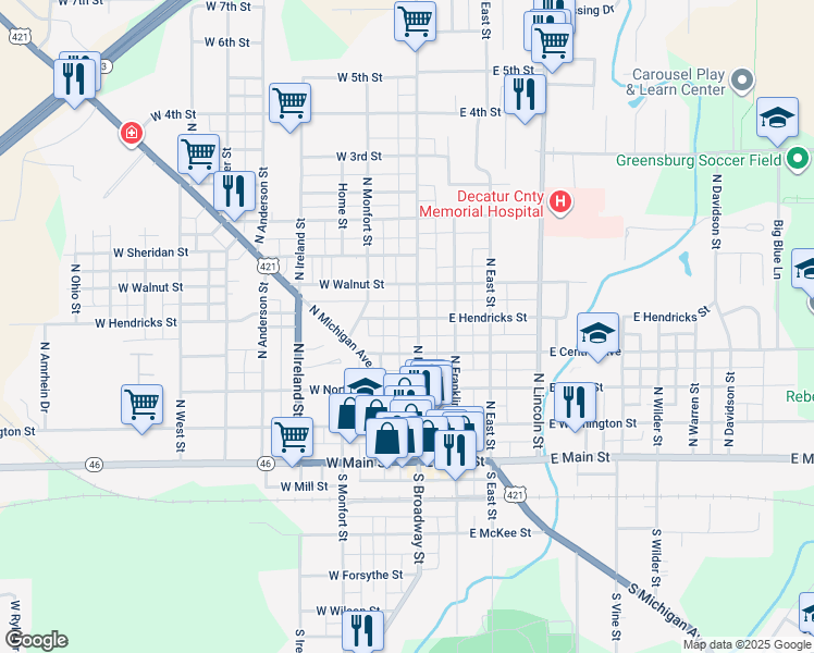 map of restaurants, bars, coffee shops, grocery stores, and more near 425 North Broadway Street in Greensburg