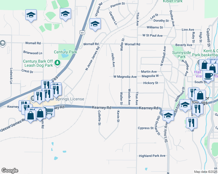 map of restaurants, bars, coffee shops, grocery stores, and more near 130 South Holtz in Excelsior Springs