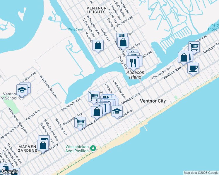 map of restaurants, bars, coffee shops, grocery stores, and more near 105 North Sacramento Avenue in Ventnor City
