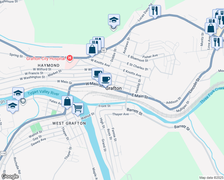 map of restaurants, bars, coffee shops, grocery stores, and more near in Grafton