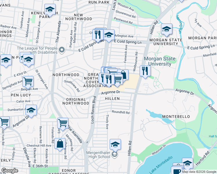 map of restaurants, bars, coffee shops, grocery stores, and more near 1509 Havenwood Road in Baltimore