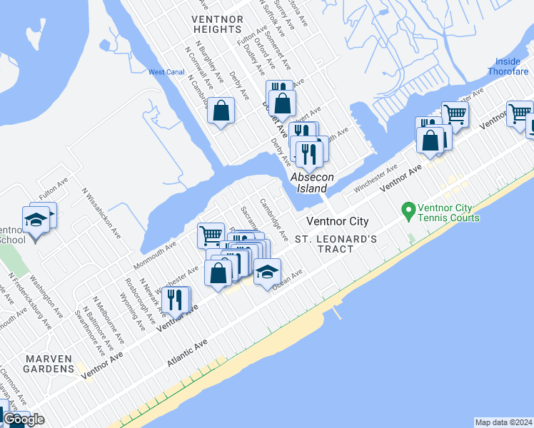 map of restaurants, bars, coffee shops, grocery stores, and more near 108 North Cambridge Avenue in Ventnor City