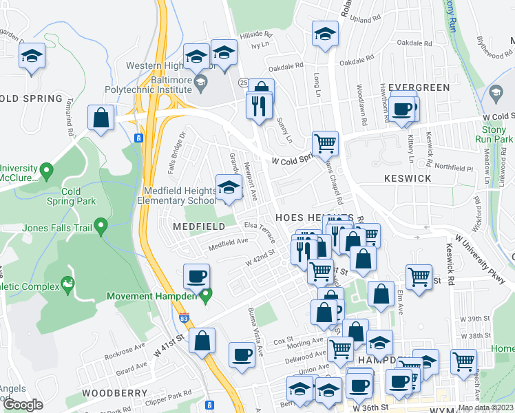 map of restaurants, bars, coffee shops, grocery stores, and more near Roland Heights Avenue & Newport Avenue in Baltimore