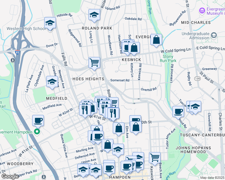 map of restaurants, bars, coffee shops, grocery stores, and more near 903 West University Parkway in Baltimore