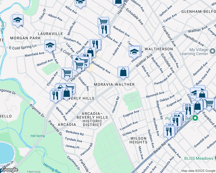 map of restaurants, bars, coffee shops, grocery stores, and more near 4638 Walther Avenue in Baltimore