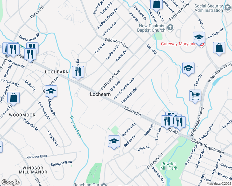 map of restaurants, bars, coffee shops, grocery stores, and more near 3612 Forest Garden Avenue in Baltimore