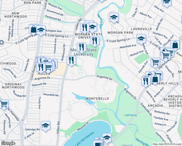 map of restaurants, bars, coffee shops, grocery stores, and more near 1800 Argonne Drive in Baltimore