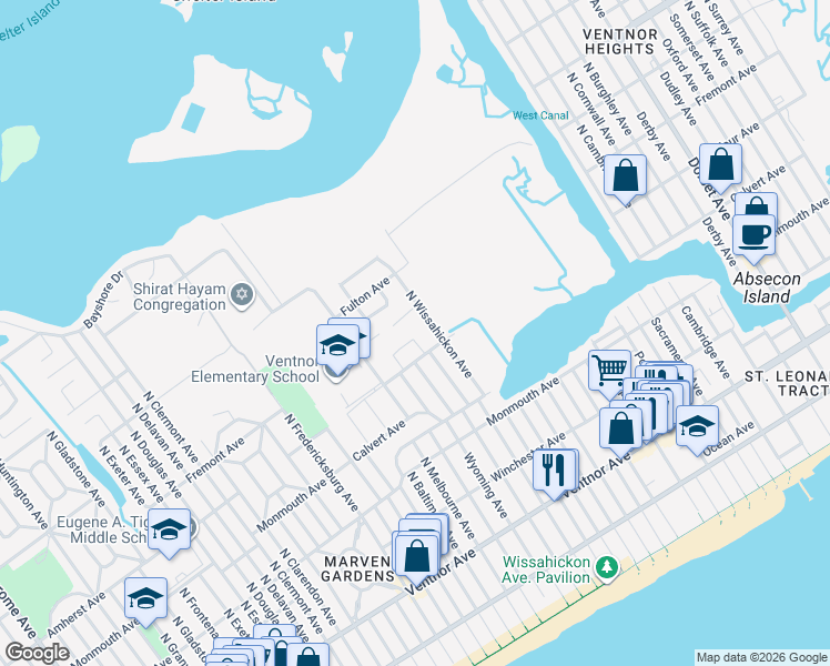 map of restaurants, bars, coffee shops, grocery stores, and more near 328 Hampshire Drive in Ventnor City