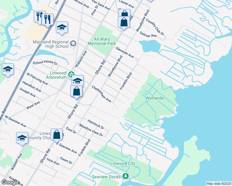 map of restaurants, bars, coffee shops, grocery stores, and more near 1407 Franklin Boulevard in Linwood