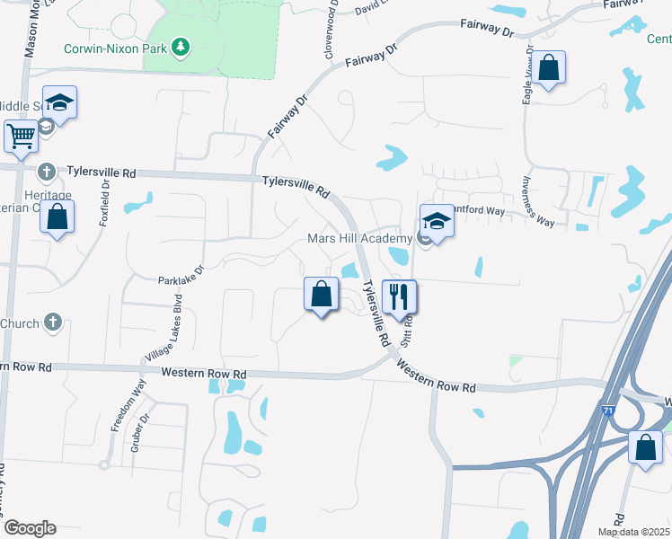 map of restaurants, bars, coffee shops, grocery stores, and more near 4187 Lakeknoll Drive in Mason