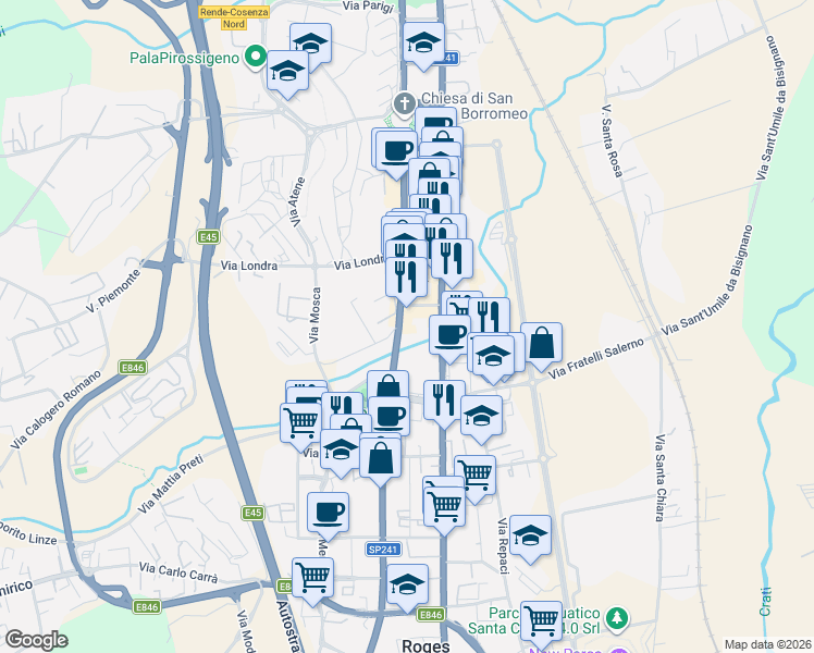 map of restaurants, bars, coffee shops, grocery stores, and more near 339 Via Gioacchino Rossini in Quattromiglia