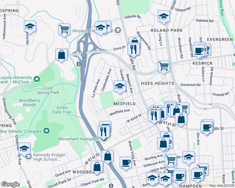 map of restaurants, bars, coffee shops, grocery stores, and more near 4300 Buchanan Avenue in Baltimore