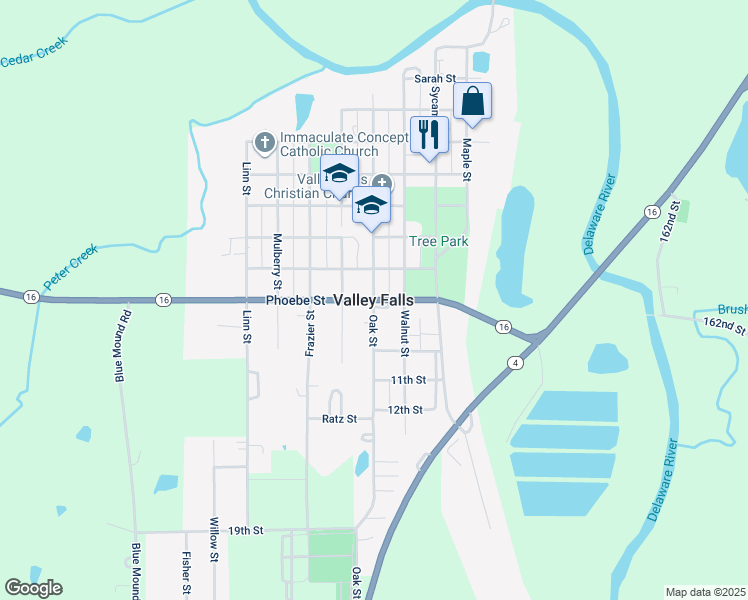 map of restaurants, bars, coffee shops, grocery stores, and more near in Valley Falls