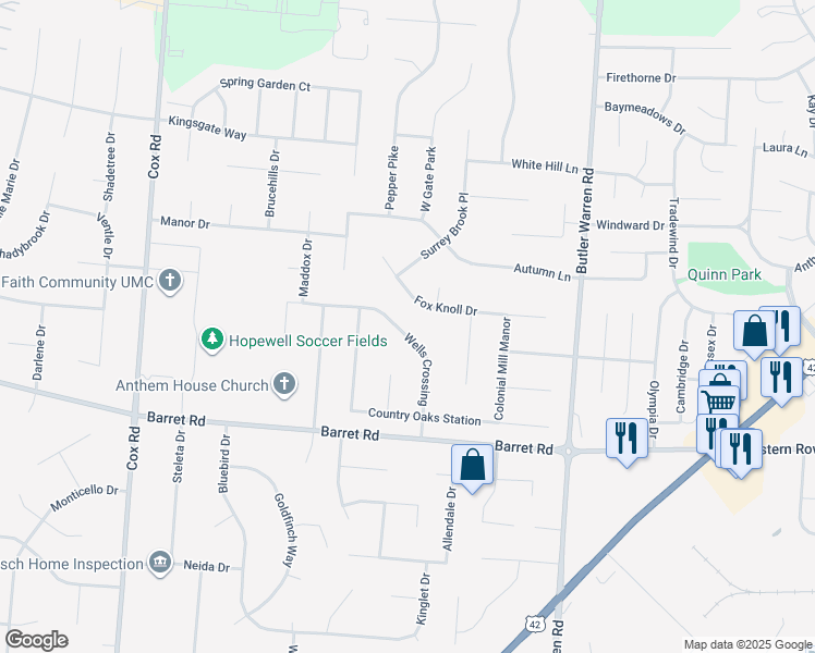 map of restaurants, bars, coffee shops, grocery stores, and more near 8159 Wells Crossing in Butler County