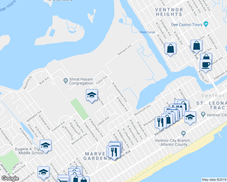 map of restaurants, bars, coffee shops, grocery stores, and more near 328 Hampshire Drive in Ventnor City