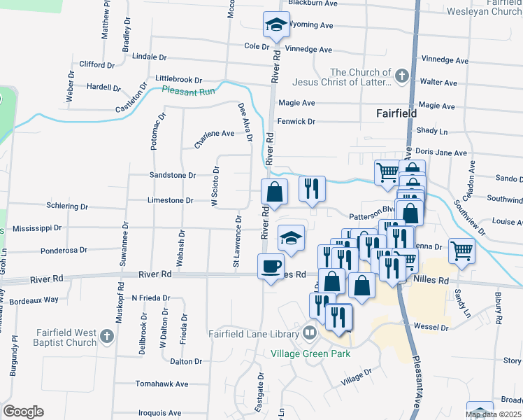 map of restaurants, bars, coffee shops, grocery stores, and more near 5202 Mississippi Drive in Fairfield
