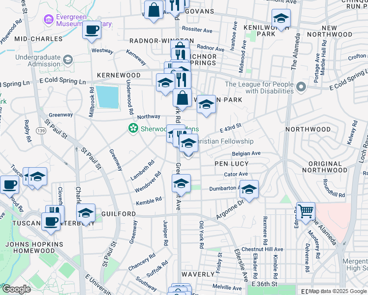 map of restaurants, bars, coffee shops, grocery stores, and more near 501 East 43rd Street in Baltimore