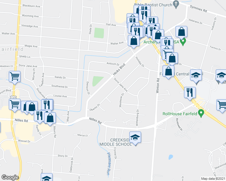 map of restaurants, bars, coffee shops, grocery stores, and more near 908 Oberlin Drive in Fairfield