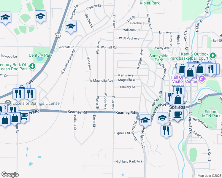 map of restaurants, bars, coffee shops, grocery stores, and more near 204 North Titus Avenue in Excelsior Springs