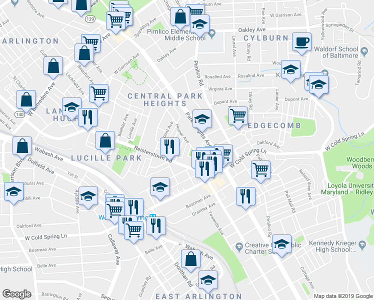 map of restaurants, bars, coffee shops, grocery stores, and more near 3312 Sumter Avenue in Baltimore