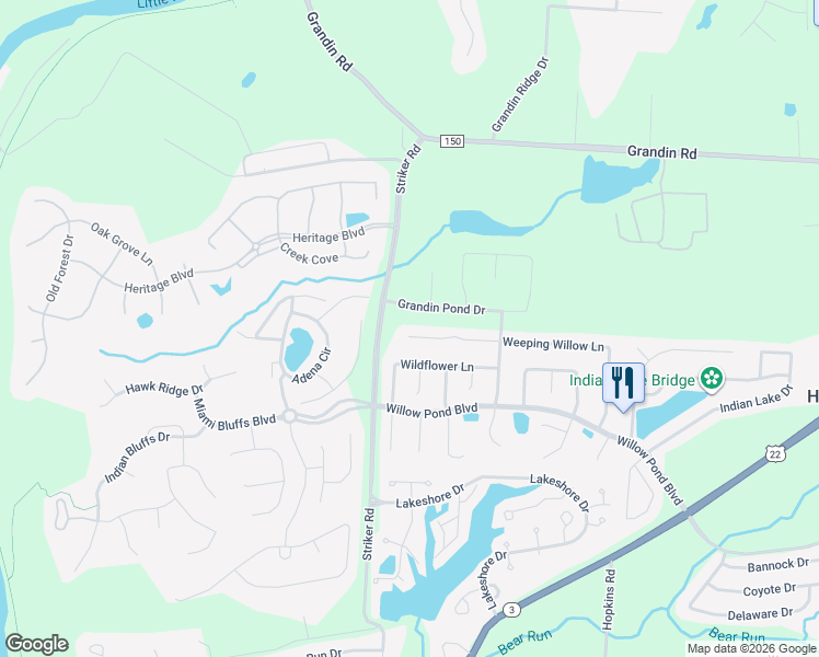 map of restaurants, bars, coffee shops, grocery stores, and more near 1076 Weeping Willow Lane in Maineville