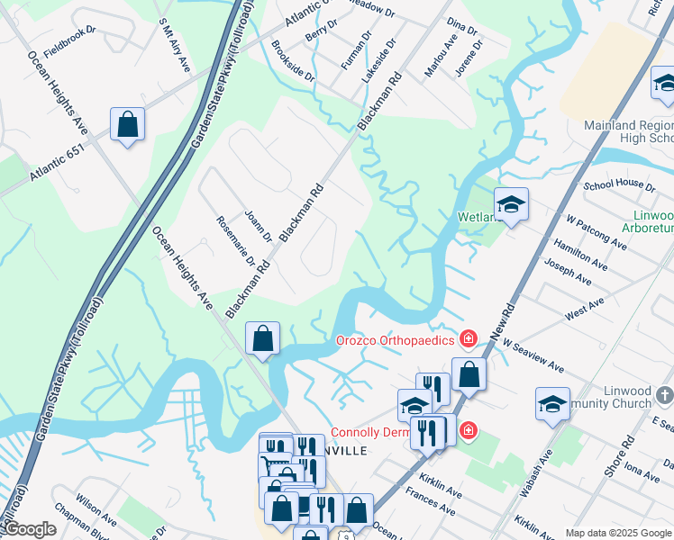map of restaurants, bars, coffee shops, grocery stores, and more near 29 Stoney Creek Drive in Egg Harbor Township