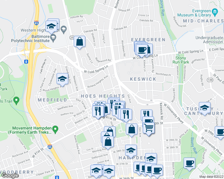 map of restaurants, bars, coffee shops, grocery stores, and more near 4256 Evans Chapel Road in Baltimore