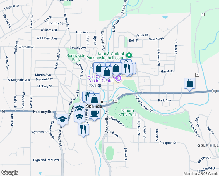 map of restaurants, bars, coffee shops, grocery stores, and more near 117 South Street in Excelsior Springs
