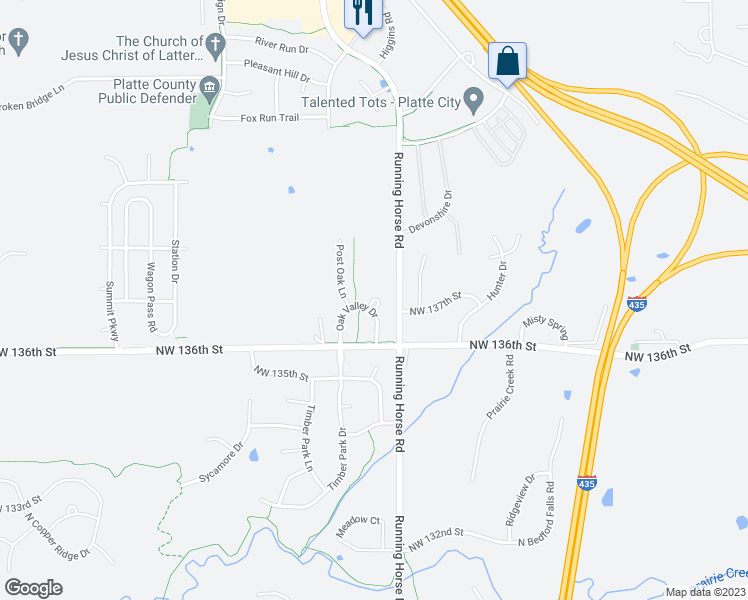 map of restaurants, bars, coffee shops, grocery stores, and more near Chinkapin Circle in Platte City