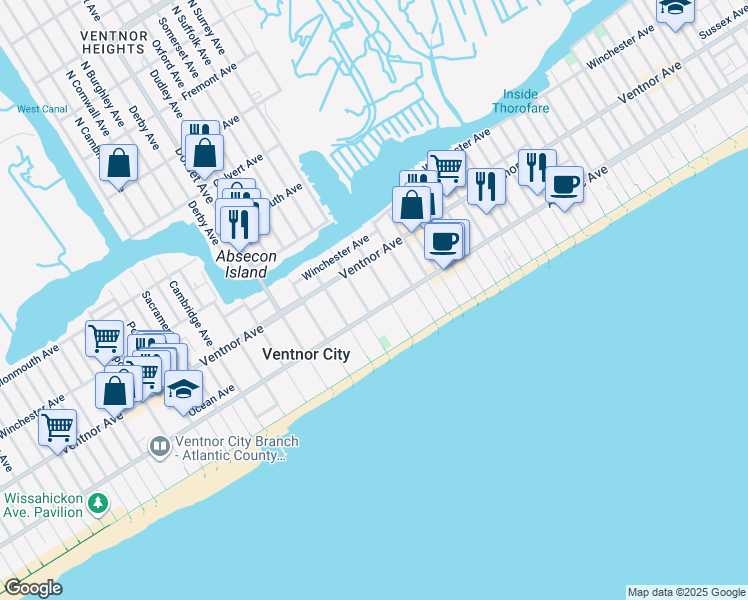 map of restaurants, bars, coffee shops, grocery stores, and more near 5600 Atlantic Avenue in Ventnor City