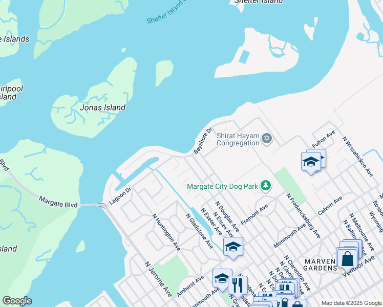 map of restaurants, bars, coffee shops, grocery stores, and more near 615 North Delavan Avenue in Margate City
