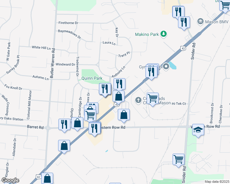 map of restaurants, bars, coffee shops, grocery stores, and more near 1065 Reading Road in Mason