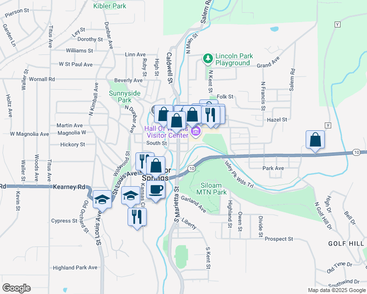 map of restaurants, bars, coffee shops, grocery stores, and more near 414 South Marietta Street in Excelsior Springs