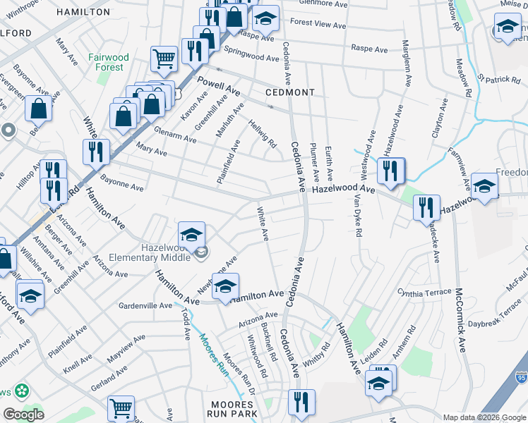 map of restaurants, bars, coffee shops, grocery stores, and more near 5767 White Avenue in Baltimore
