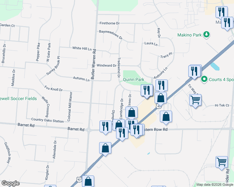 map of restaurants, bars, coffee shops, grocery stores, and more near 937 Cambridge Drive in Mason