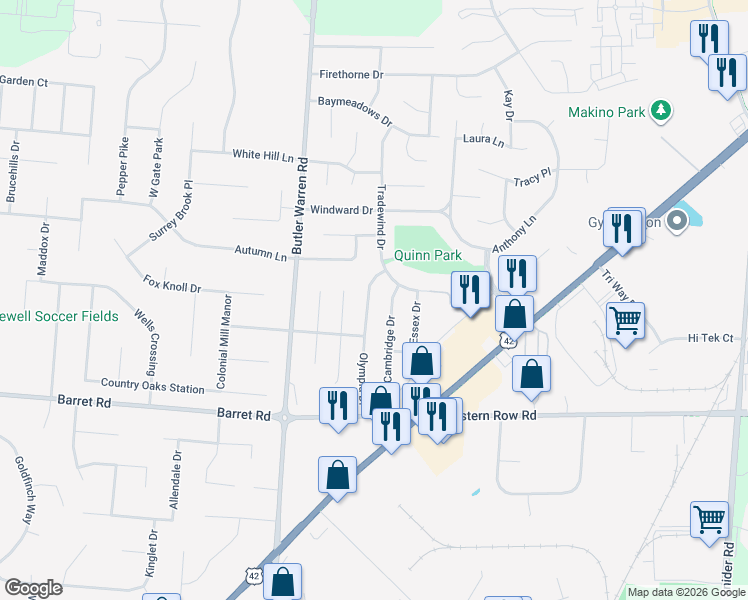 map of restaurants, bars, coffee shops, grocery stores, and more near 937 Cambridge Drive in Mason