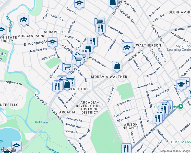map of restaurants, bars, coffee shops, grocery stores, and more near 4604 Arabia Avenue in Baltimore