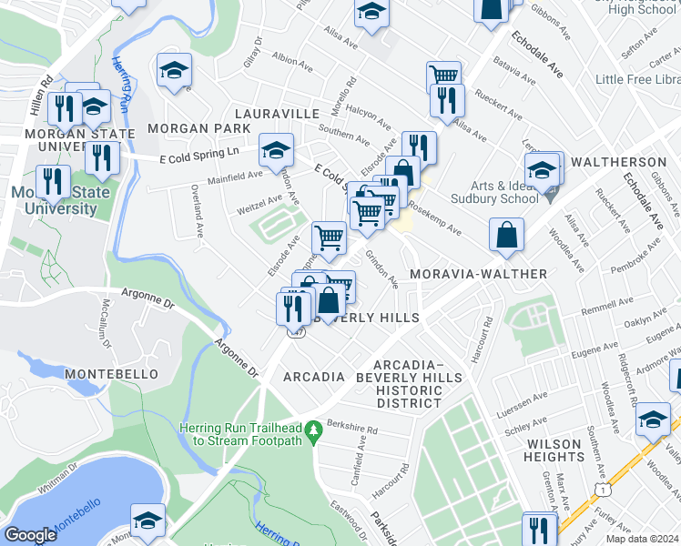 map of restaurants, bars, coffee shops, grocery stores, and more near 4515 Harford Road in Baltimore