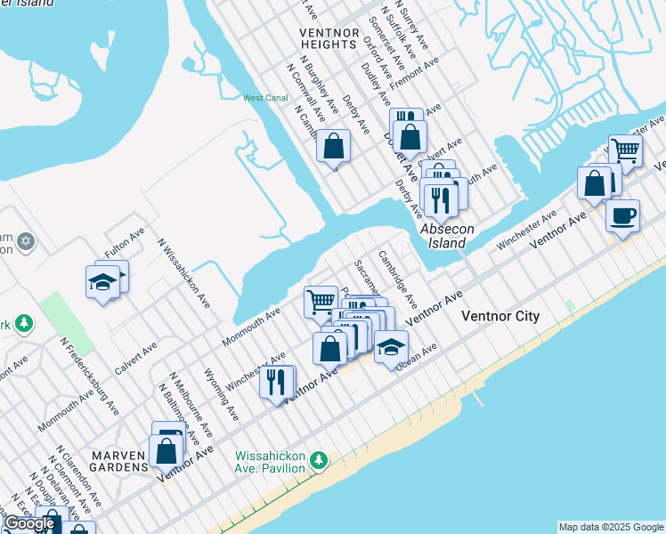 map of restaurants, bars, coffee shops, grocery stores, and more near 125 North Portland Avenue in Ventnor City