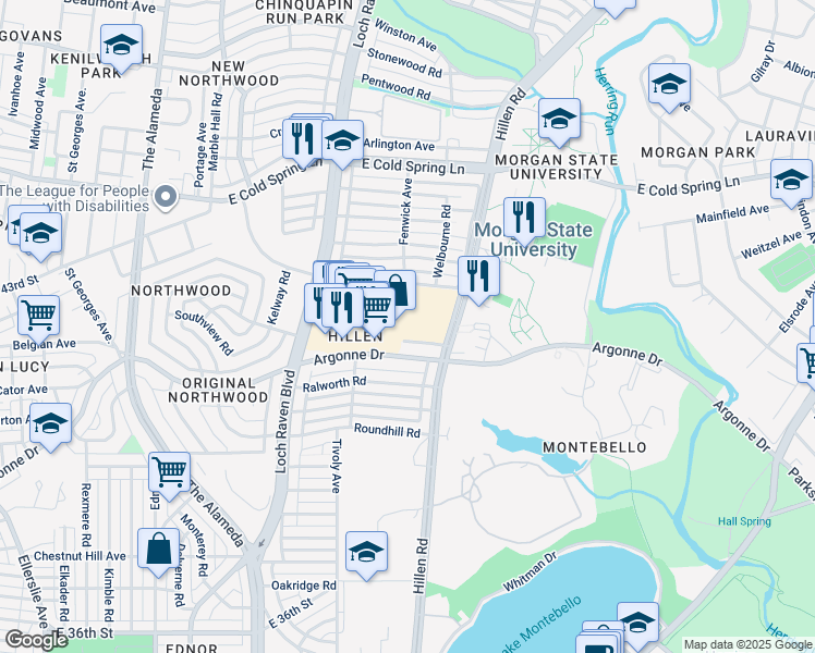 map of restaurants, bars, coffee shops, grocery stores, and more near 1600 Havenwood Road in Baltimore