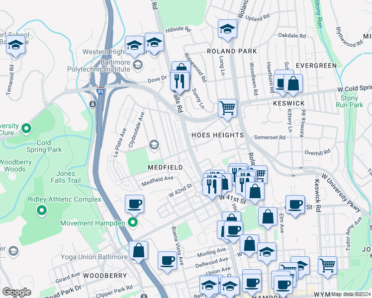 map of restaurants, bars, coffee shops, grocery stores, and more near 4300 Falls Road in Baltimore