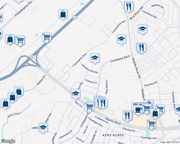 map of restaurants, bars, coffee shops, grocery stores, and more near 33 Honeycomb Road in Middle River