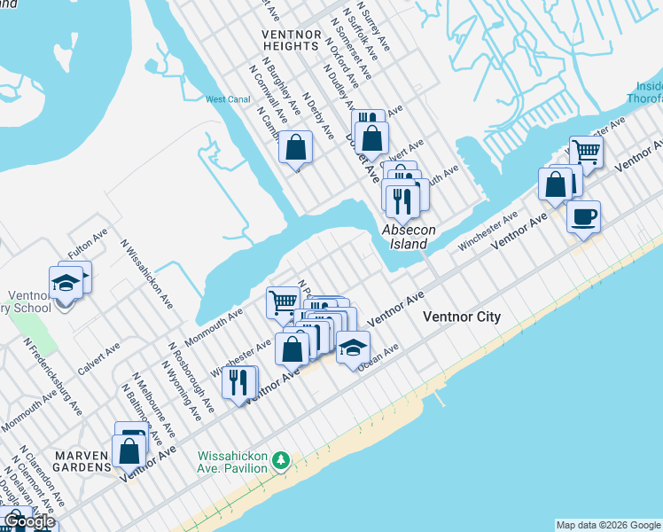 map of restaurants, bars, coffee shops, grocery stores, and more near 105 North Sacramento Avenue in Ventnor City